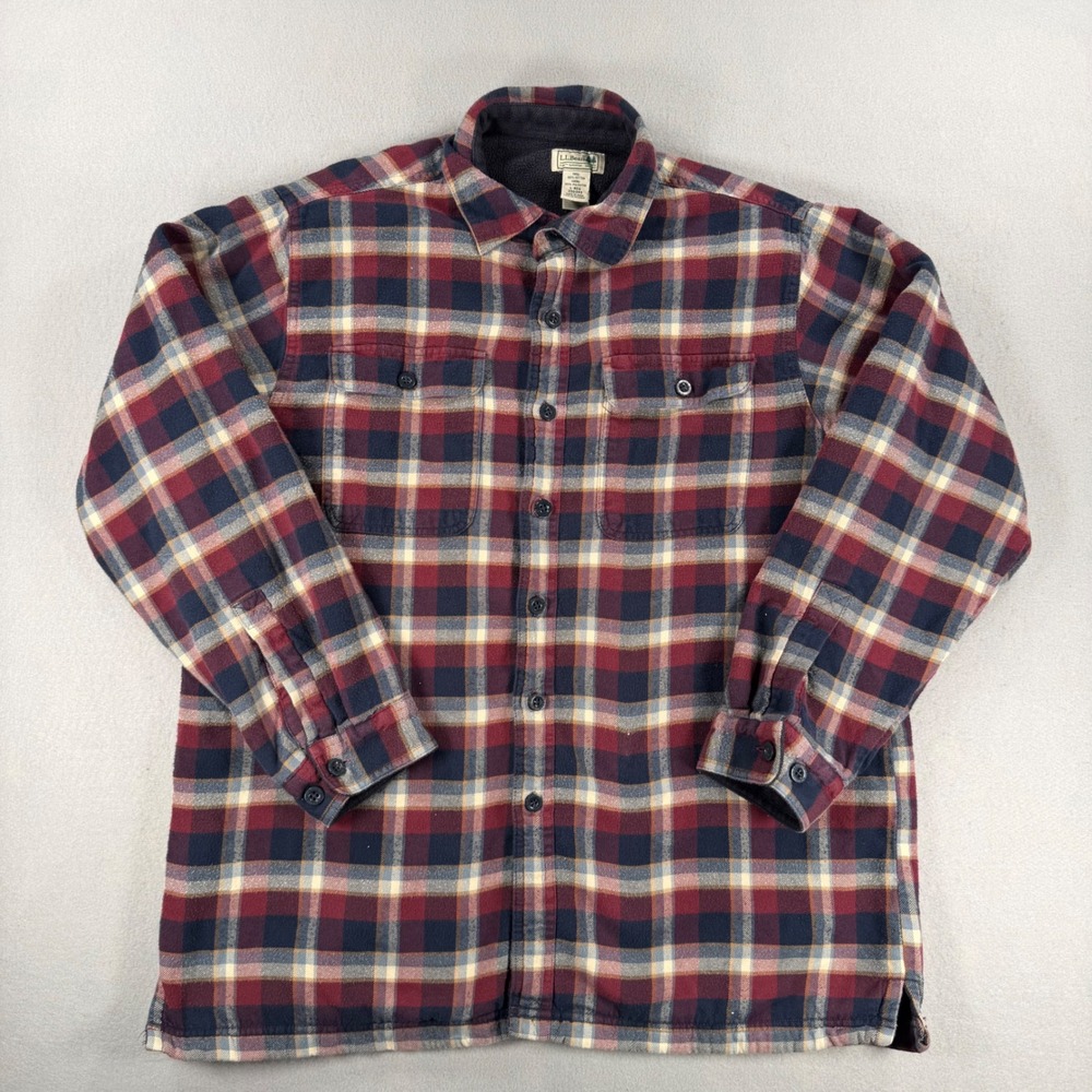 LL Bean Fleece Lined Flannel Shirt Jacket Mens Large Red Navy Plaid